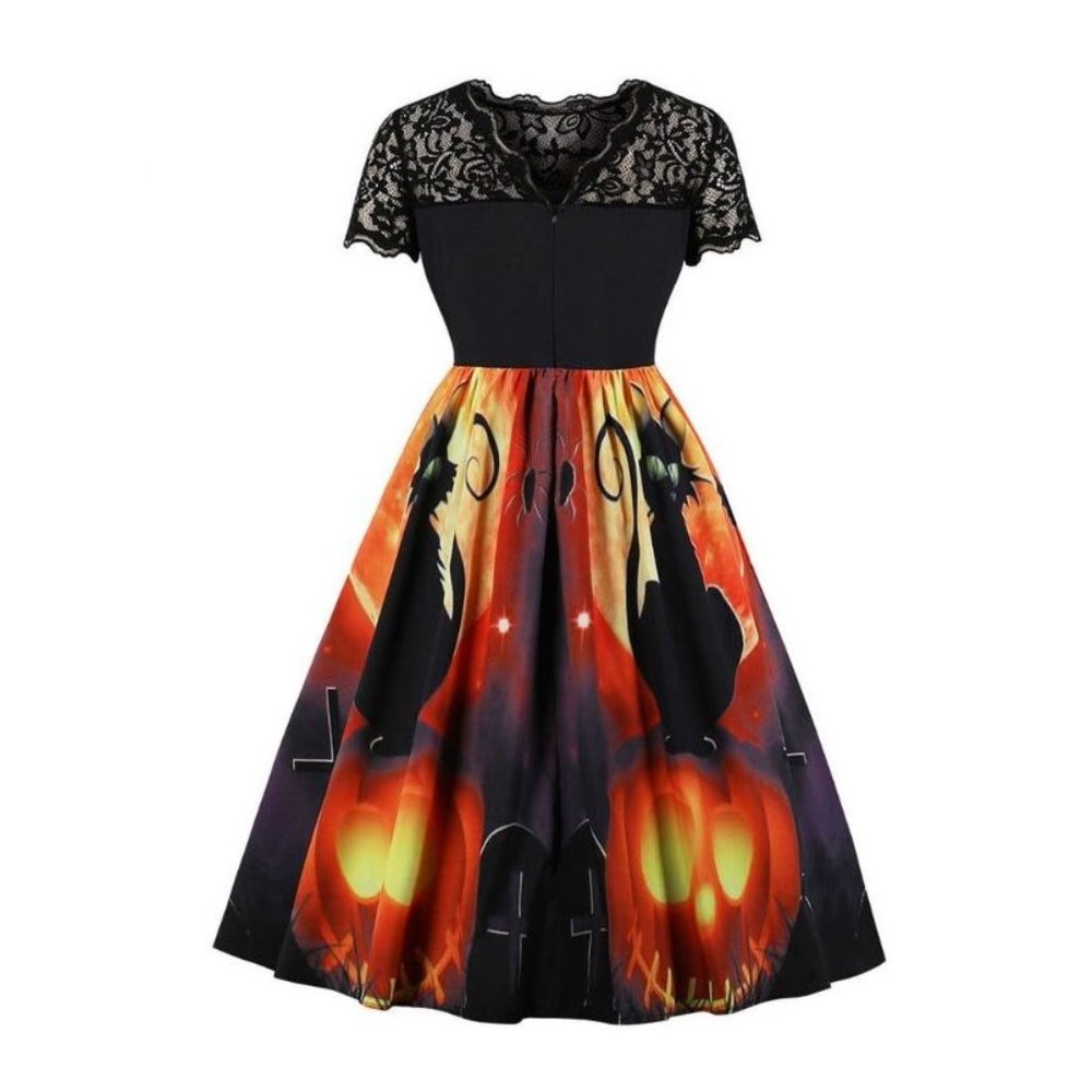 HALLOWEEN Lace Panel Cat+Pumpkin Flared Dress sz 4 - Picture 3 of 8